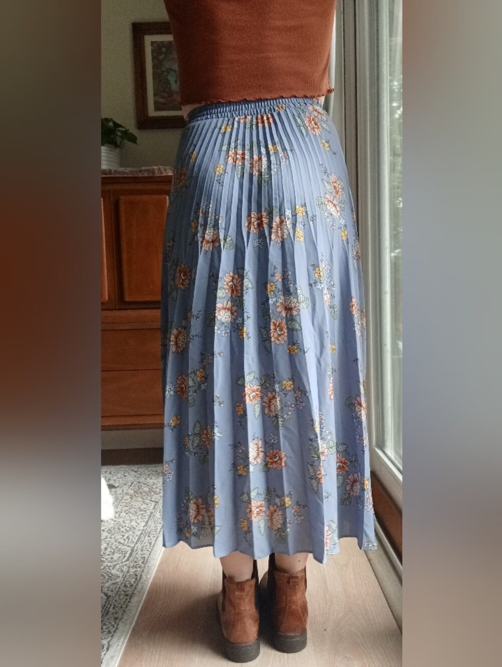 Max Studio Blue Floral Pleated Midi Skirt with Orange Accents - Picture 10 of 10